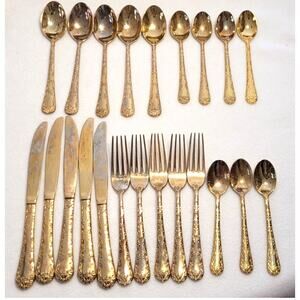 Vtg Wm Rogers Golden Enchanted Rose Flatware Silverware Electroplated 22 Pieces